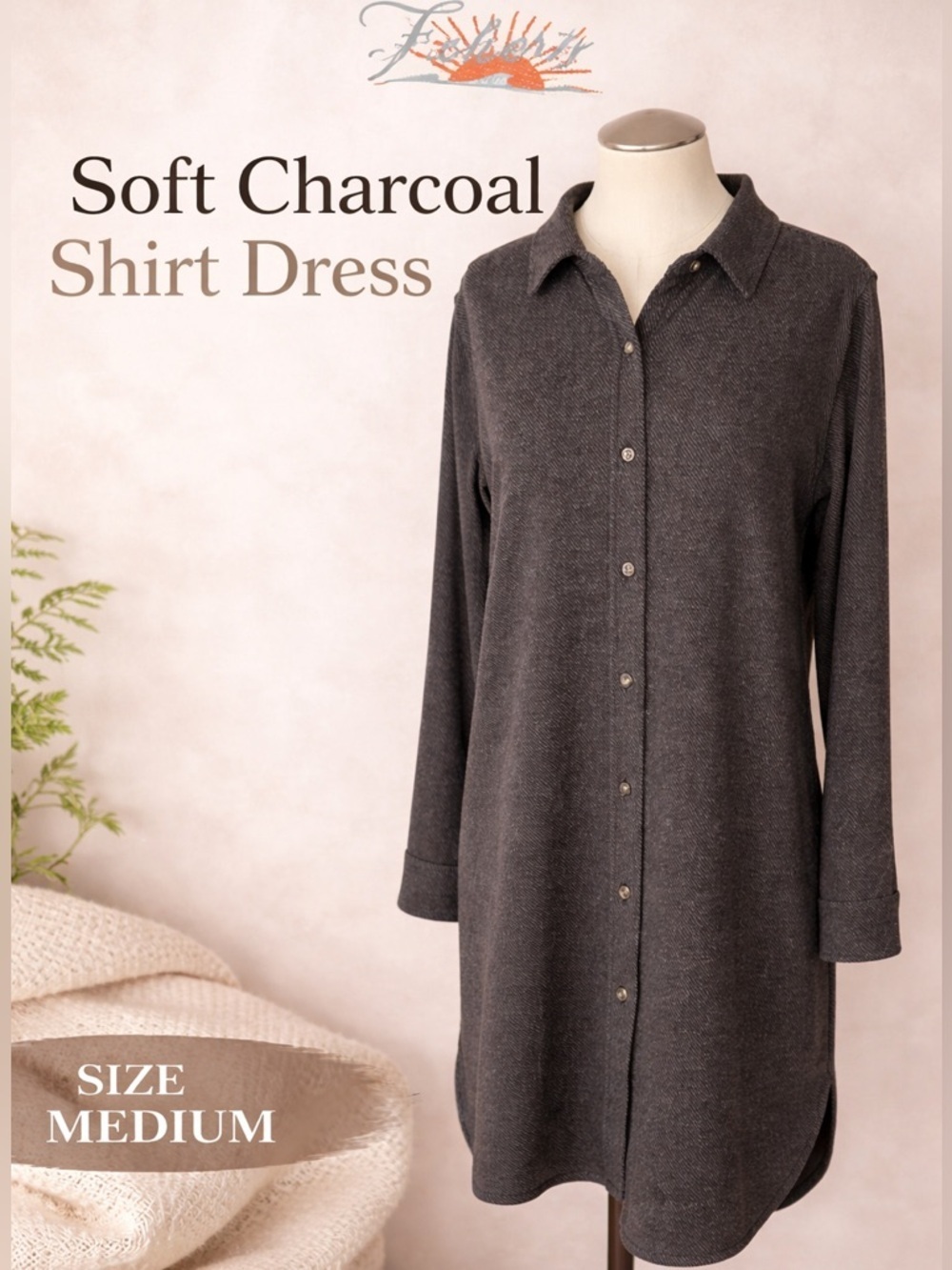 Faherty Gray Knit Shirt Dress Button Front Long Sleeve Size M